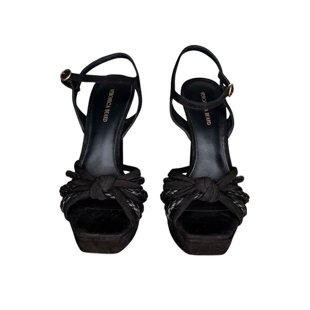 Veronica Beard Platform Sandals Size 7.5 Flavia Black Leather Suede Ankle Straps